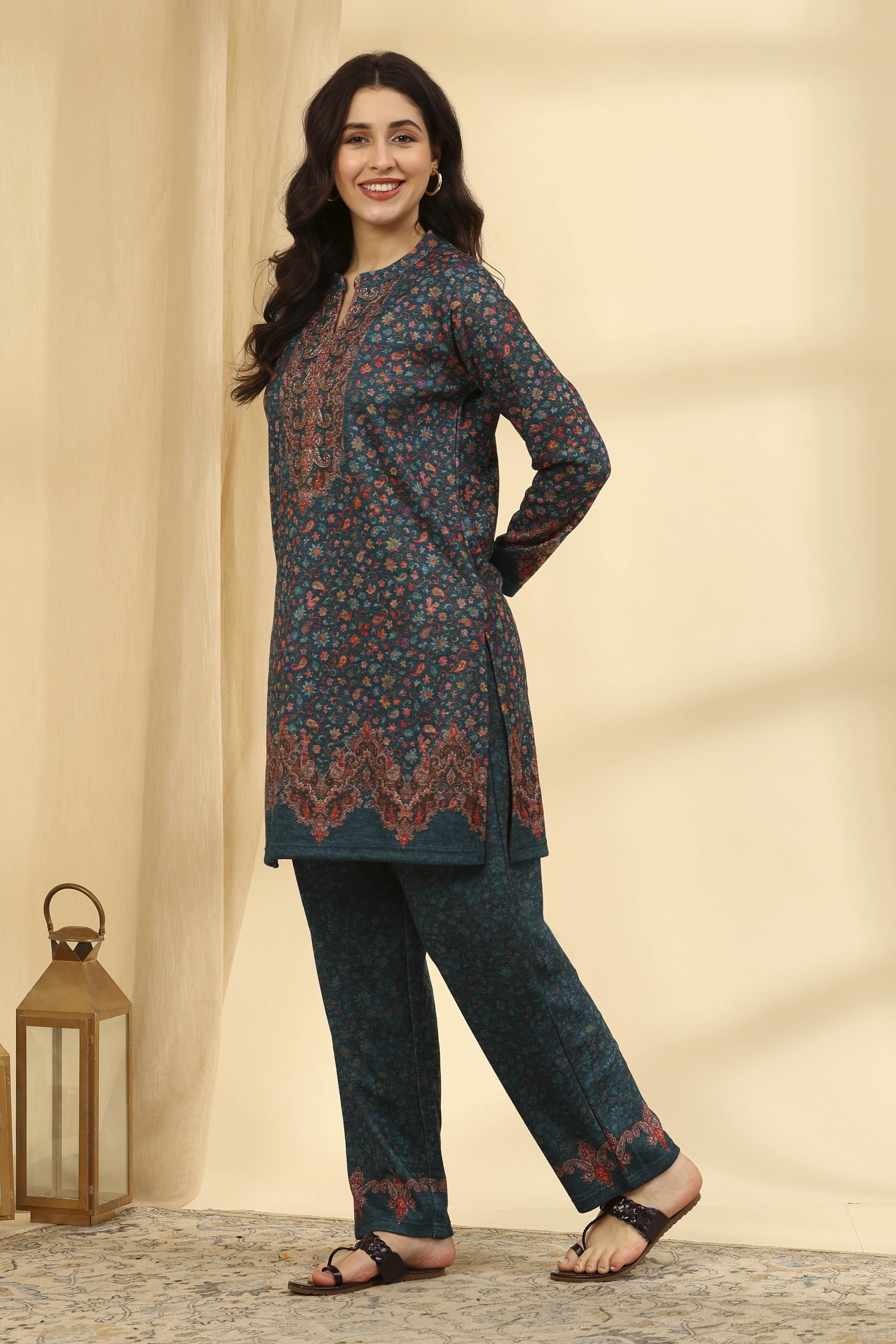 Teal Acrylic Straight Printed Kurta Pants Set image number 3