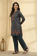 Teal Acrylic Straight Printed Kurta Pants Set image number 3