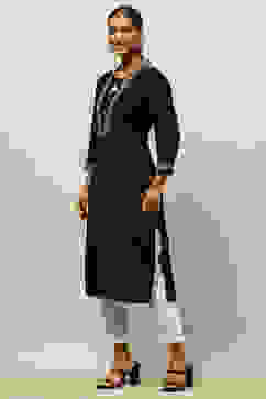 Black Viscose Blend Straight Kurta image number 2