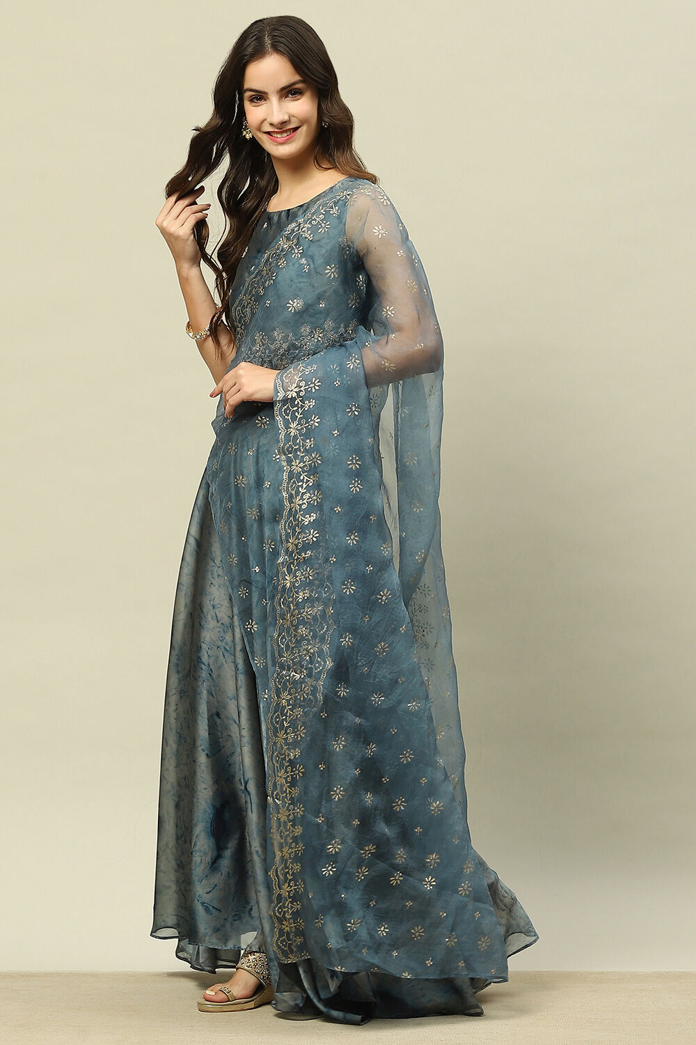 Blue Poly Georgette Straight Printed Crop Top Skirt Set image number 3