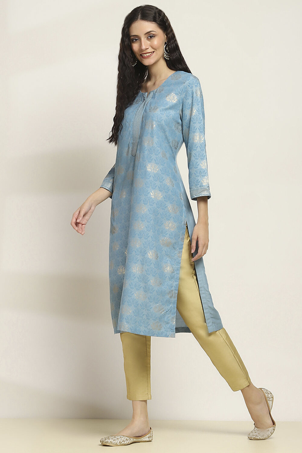 Blue Printed Straight Kurta image number 2