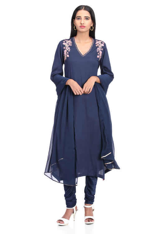 Navy Blue Flared Rayon Suit Set image number 0