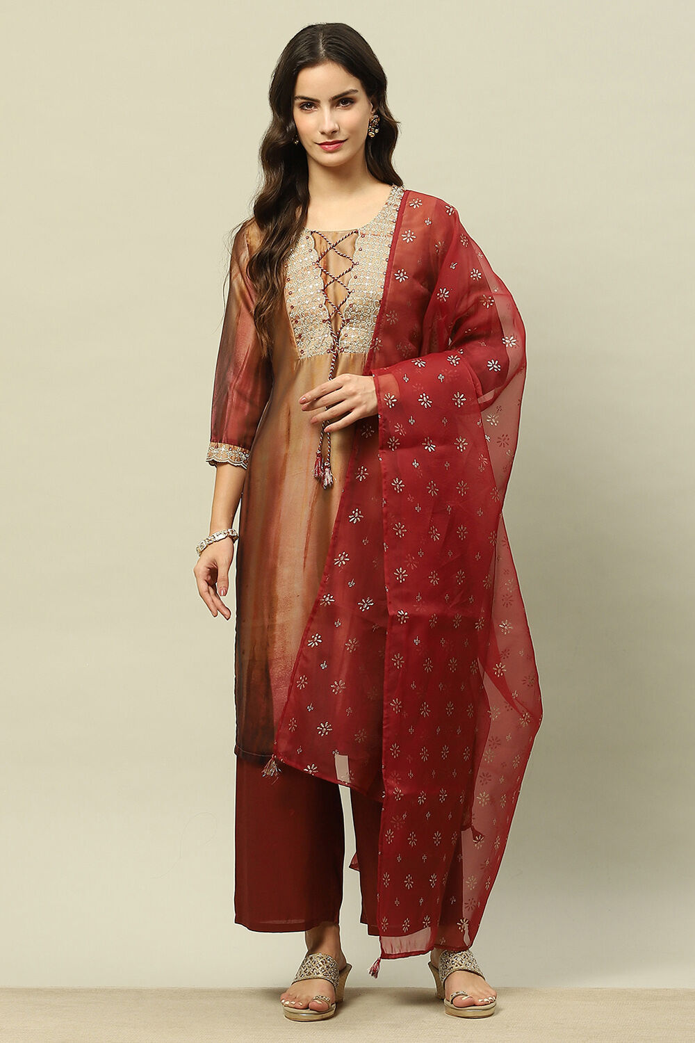 Gold Crepe Georgette Straight Printed Kurta Palazzo Suit Set image number 6