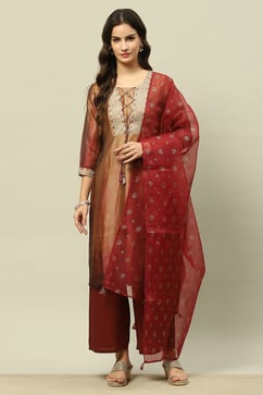 Gold Crepe Georgette Straight Printed Kurta Palazzo Suit Set image number 6