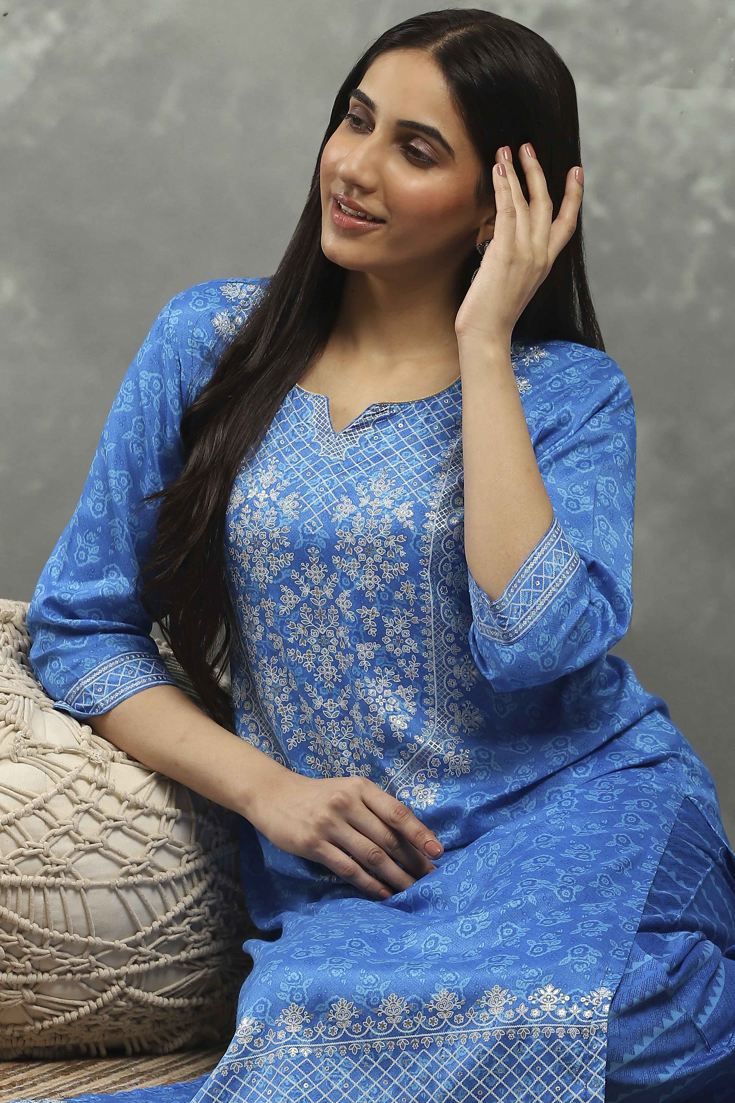 Blue Viscose Straight Kurta Pants Set image number 0