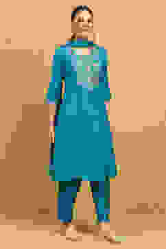Teal Blue Pleated Straight Suit Set image number 5