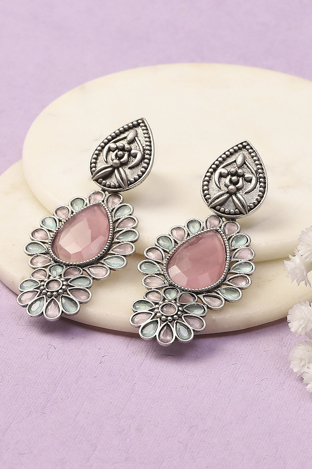 Light Pink Green Oxidised Alloy Earrings image number 0