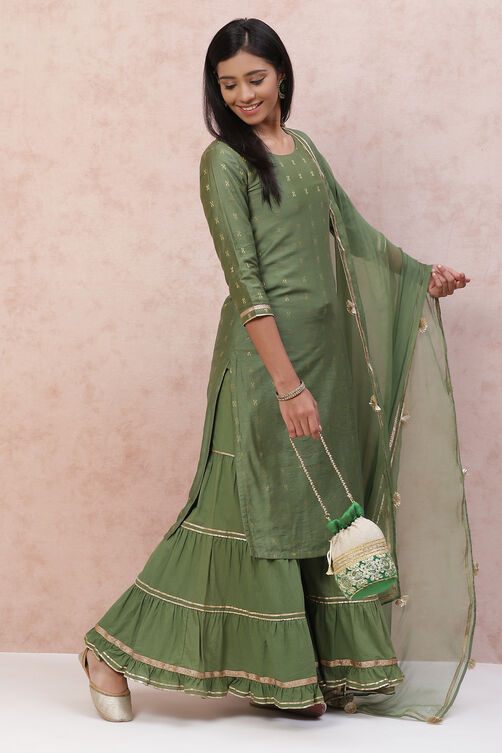 Olive Green Poly Cotton Straight Suit Set image number 0