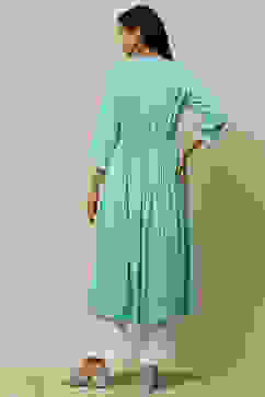 Cyan Blue Rayon Slub Tiered Dress image number 4