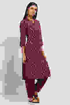 Red Cotton Blend Straight Kurta Set image number 5