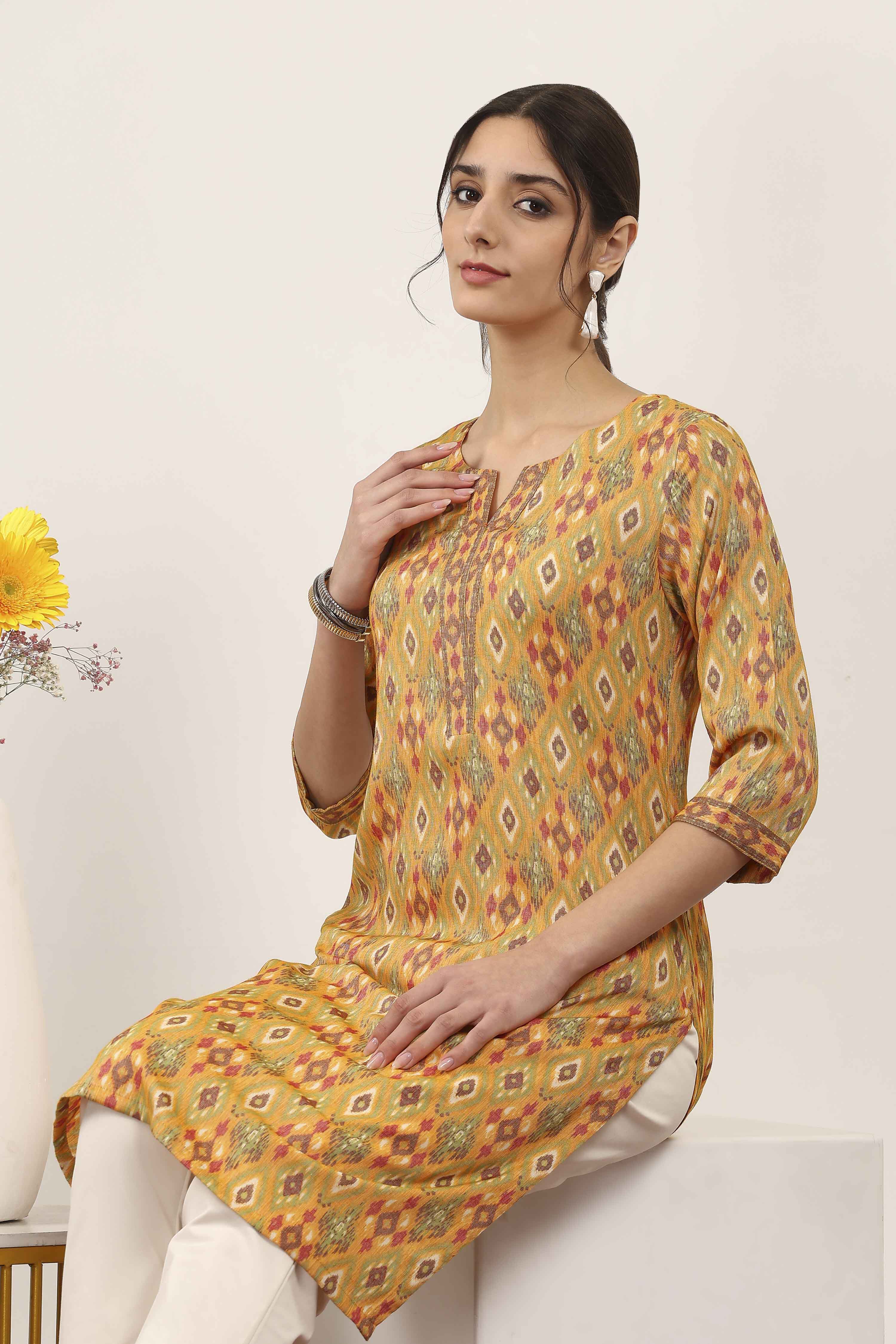 Yellow Viscose Polyester Straight Kurtas image number 6