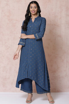 Indigo LIVA Asymmetric Kurta image number 0