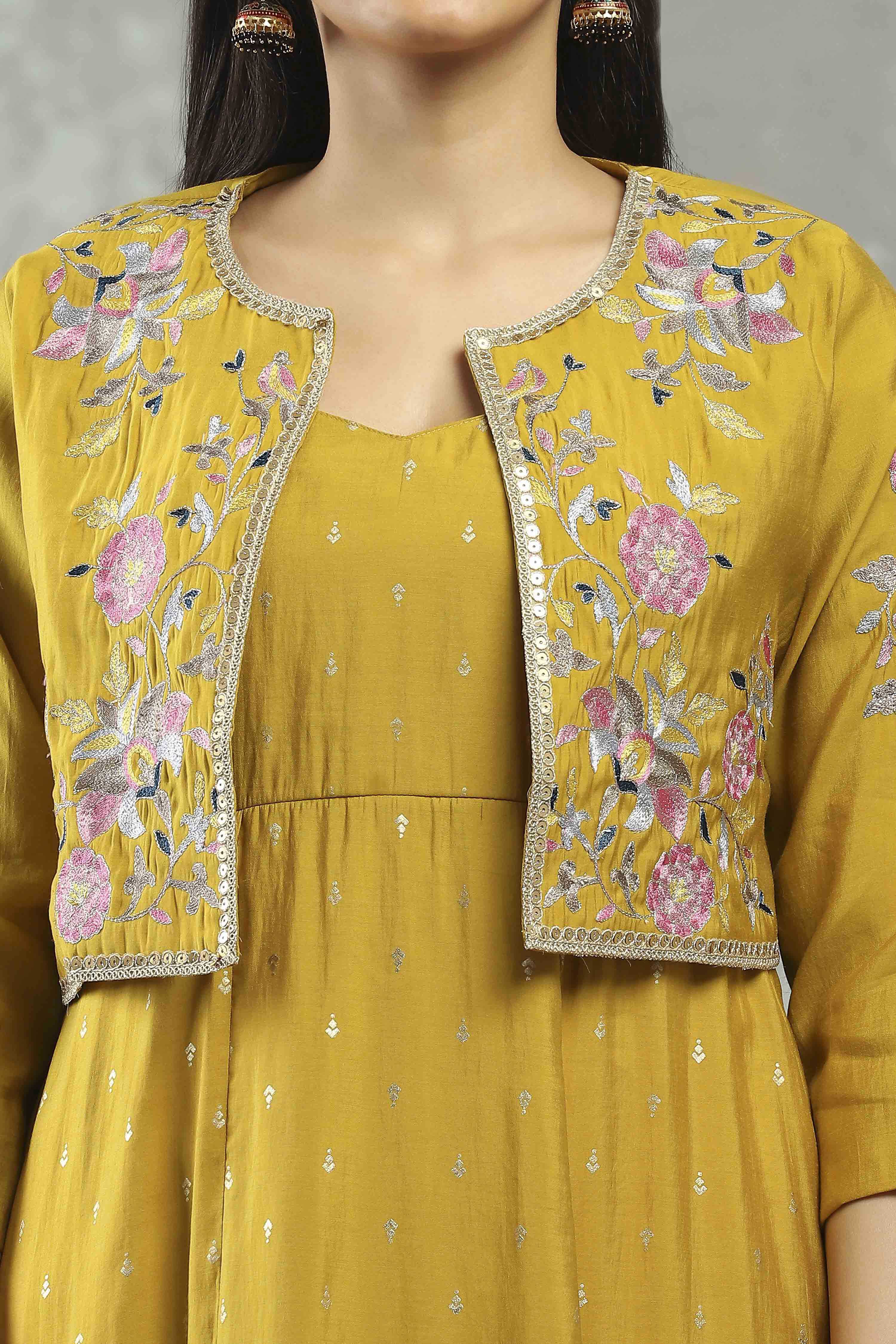 Mustard Viscose Blend Printed Kalidar Dress image number 1