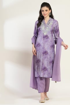 Purple Printed Straight Suit Set image number 0