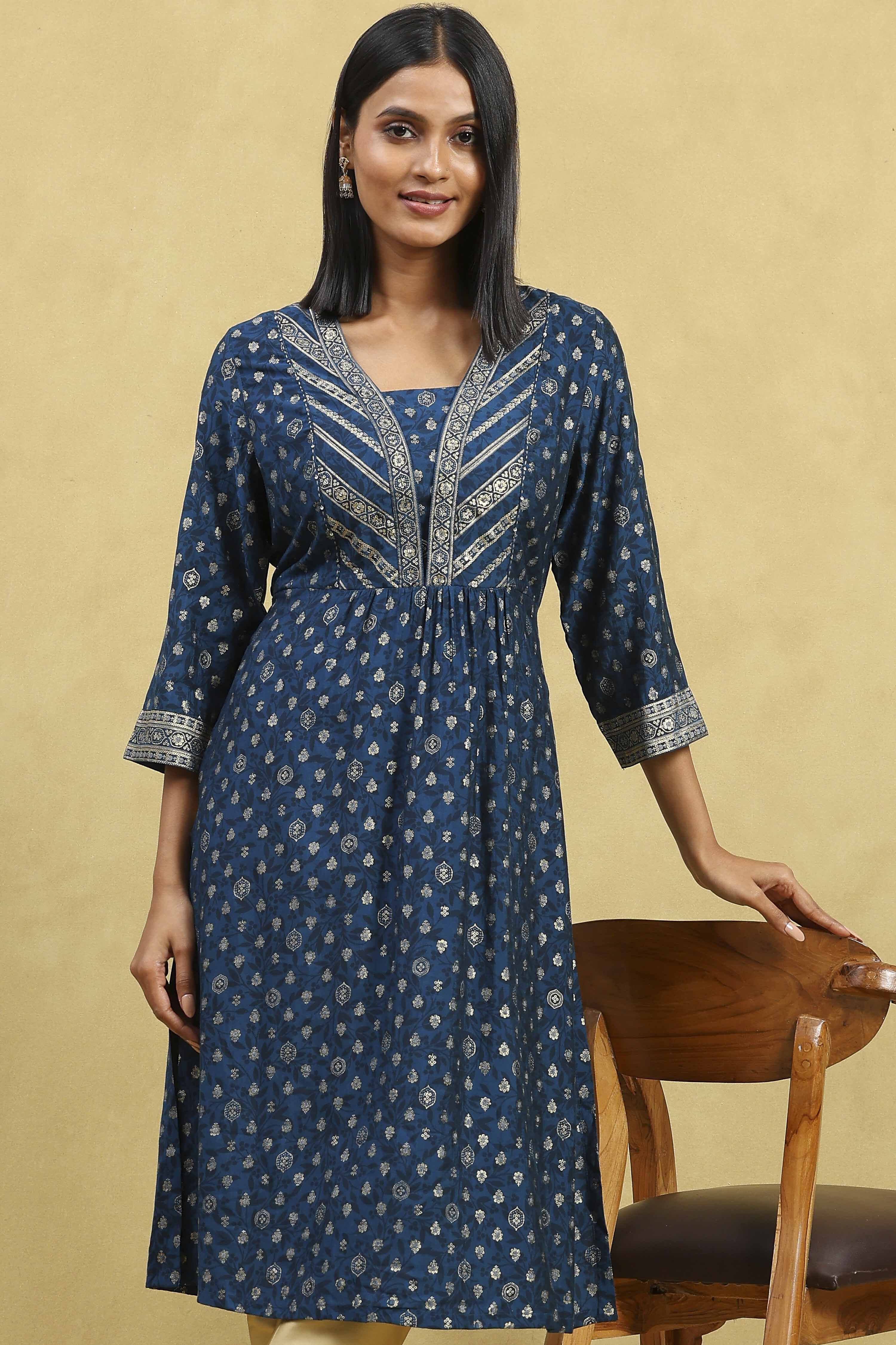 Blue Viscose Blend Printed Gathered Kurta image number 6