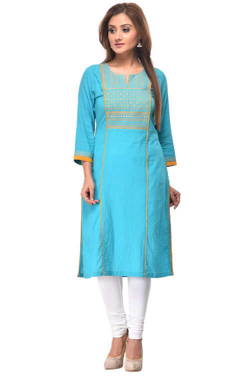 Turquoise Straight Cotton Kurta image number 0