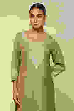 Green Acrylic Straight Yarn Dyed Kurta Palazzo Suit Set image number 1