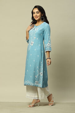 Blue LIVA Straight Printed Kurta image number 2