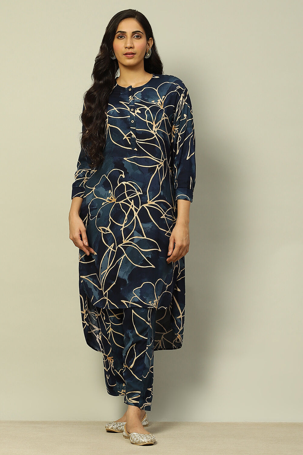 Navy Blue Floral Printed Straight Co-ord Set image number 6