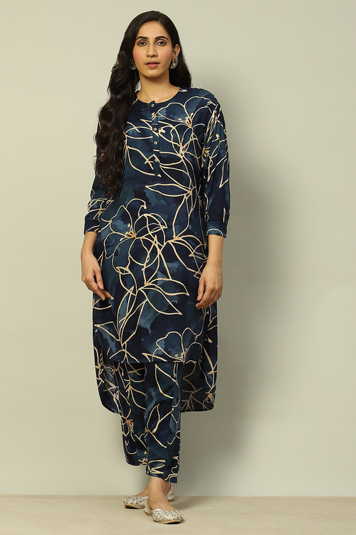 Aqua Blue Floral Printed Straight Co-ord Set image number 6