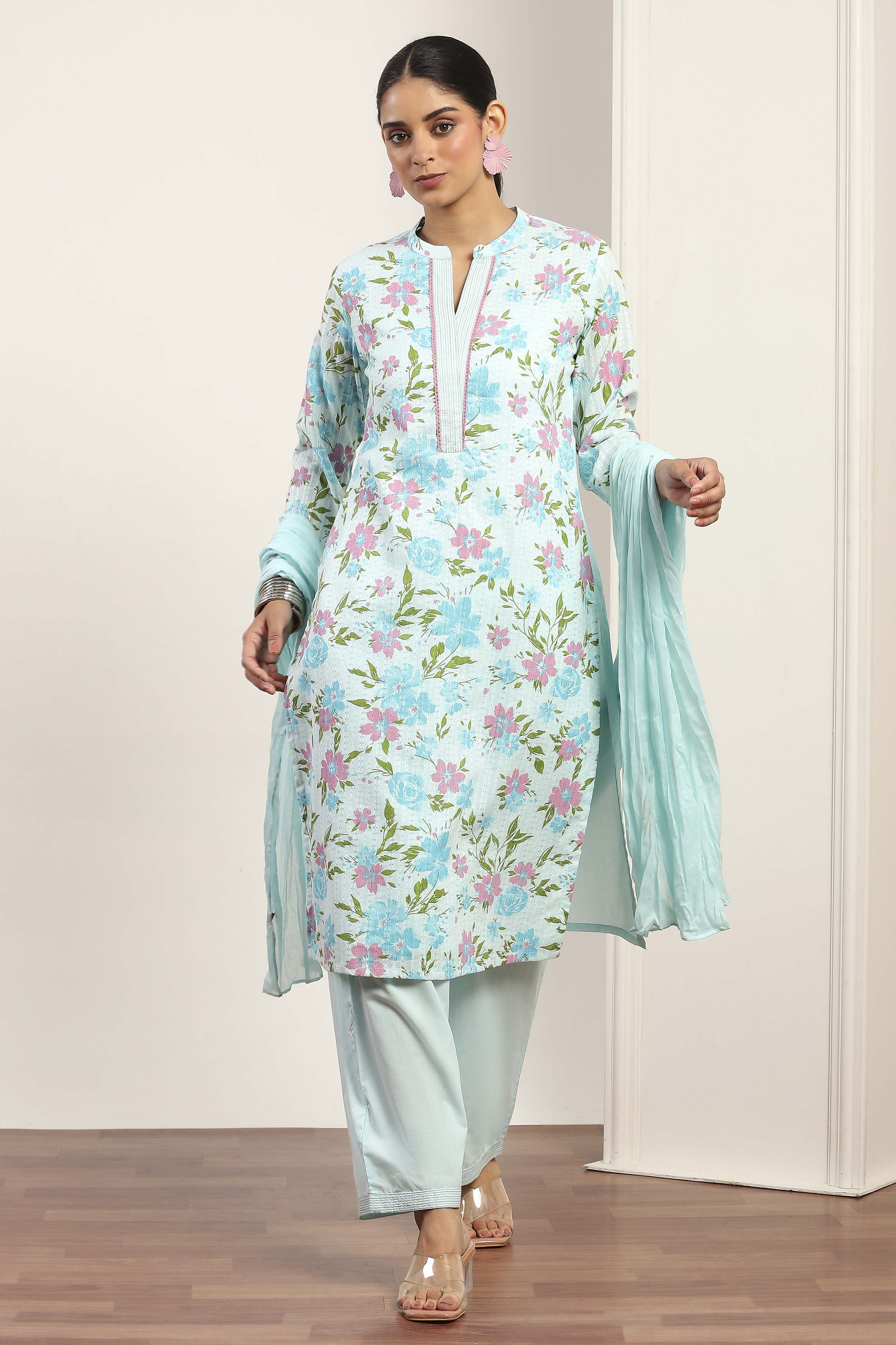 Blue Cotton Straight Suit Sets image number 6