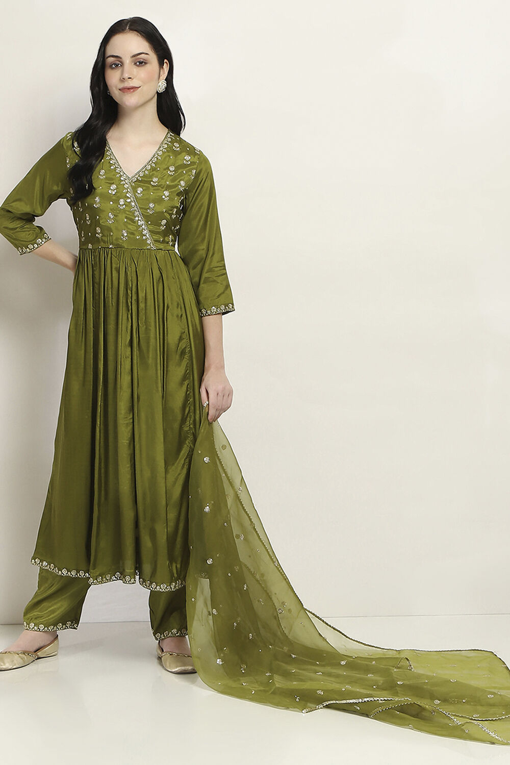 Green Gathered Kalidar Suit Set image number 0