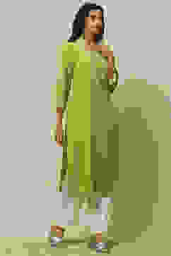 Lime Green Solid Straight Kurta image number 4
