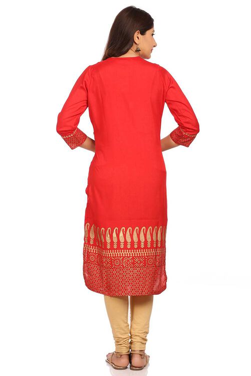 Red Straight Polyester Kurta image number 3