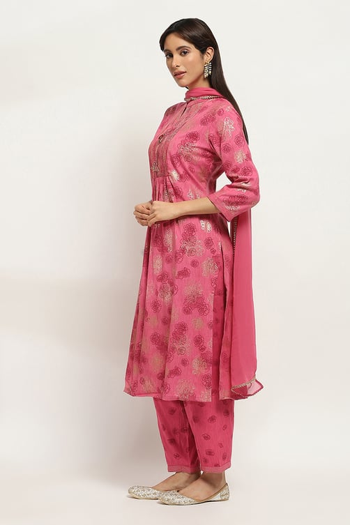 Green Viscose Blend Gathered Printed Kurta Salwar Suit Set image number 3