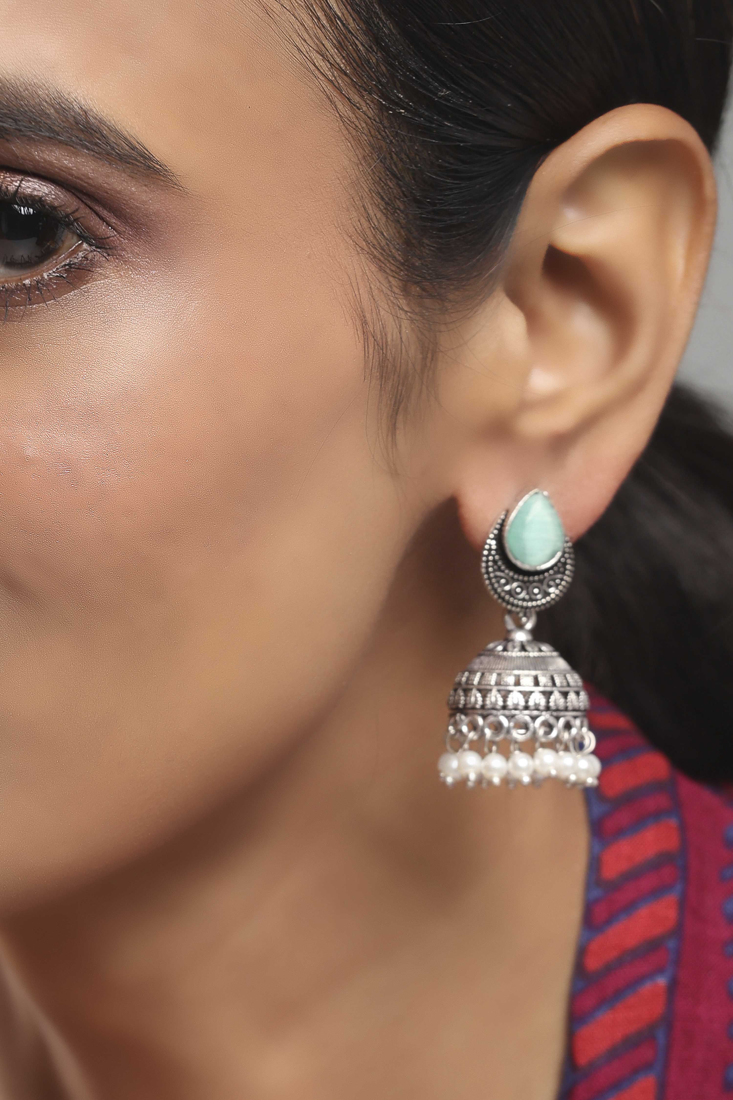Mint Green Brass Jhumka image number 1