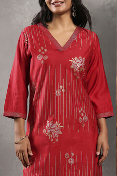 Red Viscose Blend Printed Straight Kurta image number 1