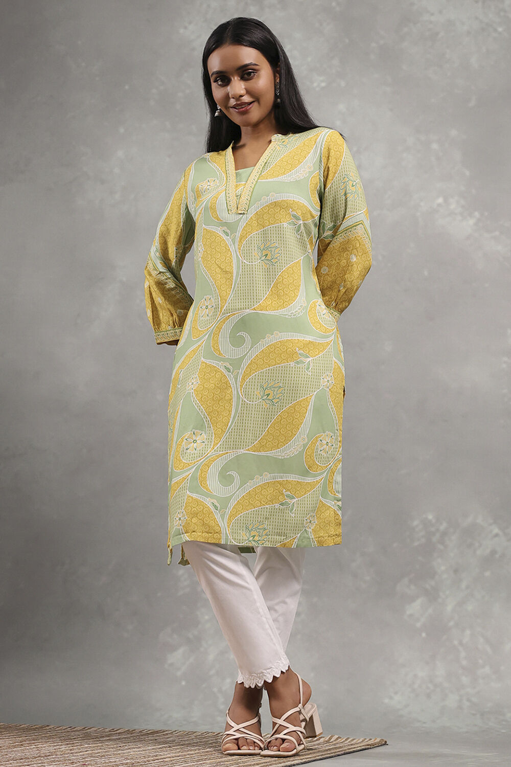 Green and Yellow Printed Straight Kurta image number 3