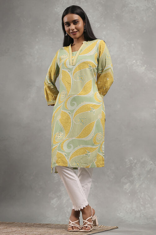 Ecru Viscose Rayon Printed Straight Kurta image number 3