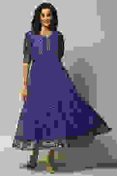 Coblt Blue Polyester Kalidar Printed Dress image number 0