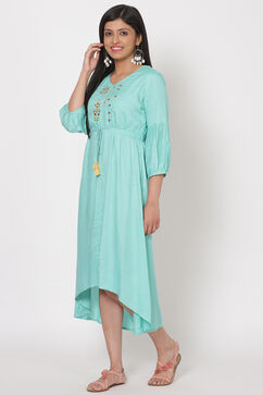Turquoise Viscose A-Line Dress image number 2