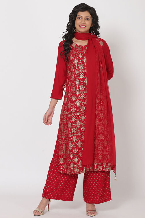 Red Viscose And Rayon Straight Suit Set image number 0