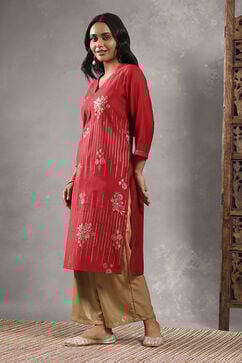 Red Viscose Blend Printed Straight Kurta image number 2