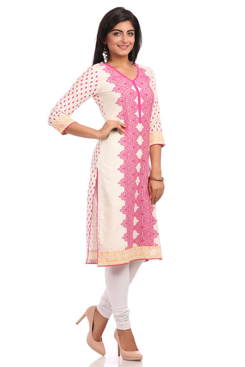 Beige Straight Cotton Kurta image number 2