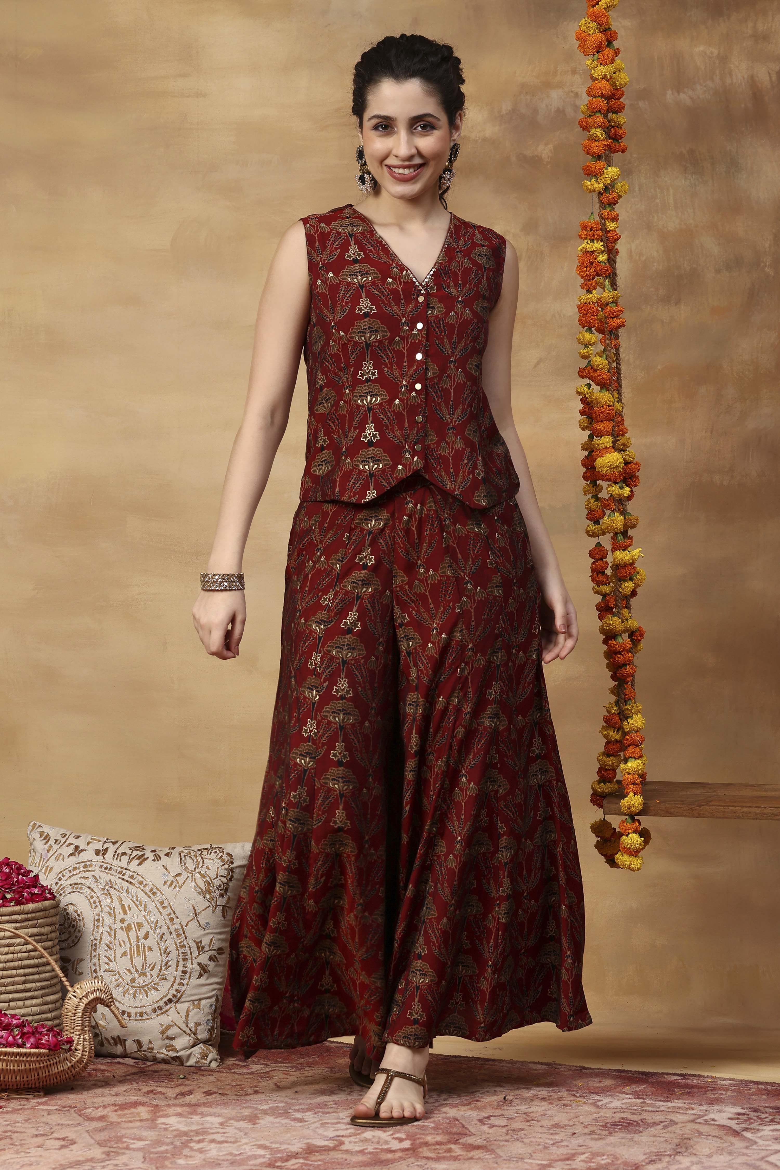 Red Viscose Blend Regular Printed Top Palazzo Set image number 6