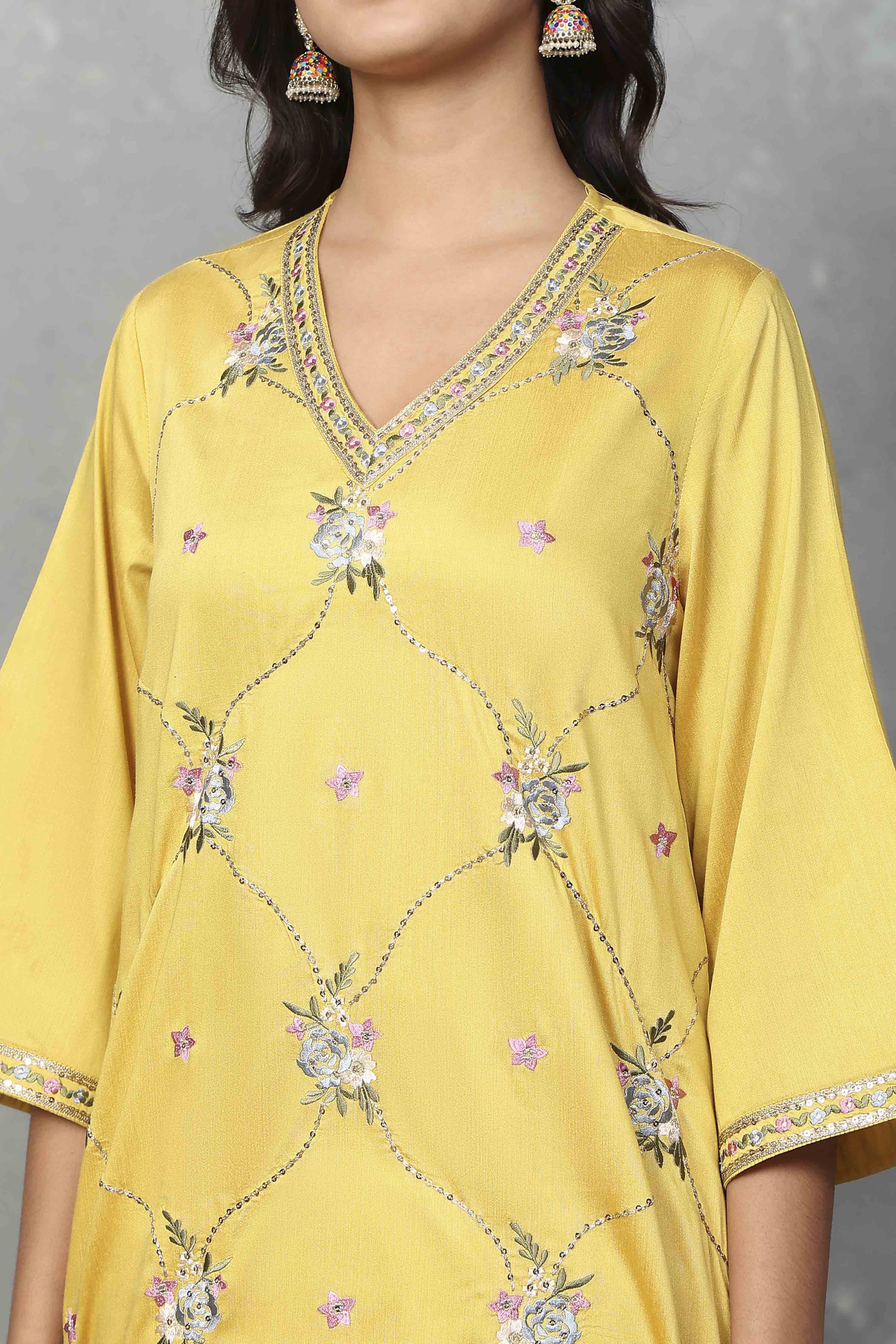 Yellow Viscose Blend Embroidered Straight Suit Set image number 1