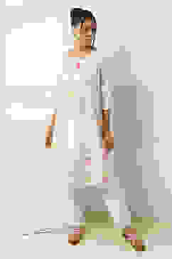 White Cotton Floral Straight Kurta image number 0