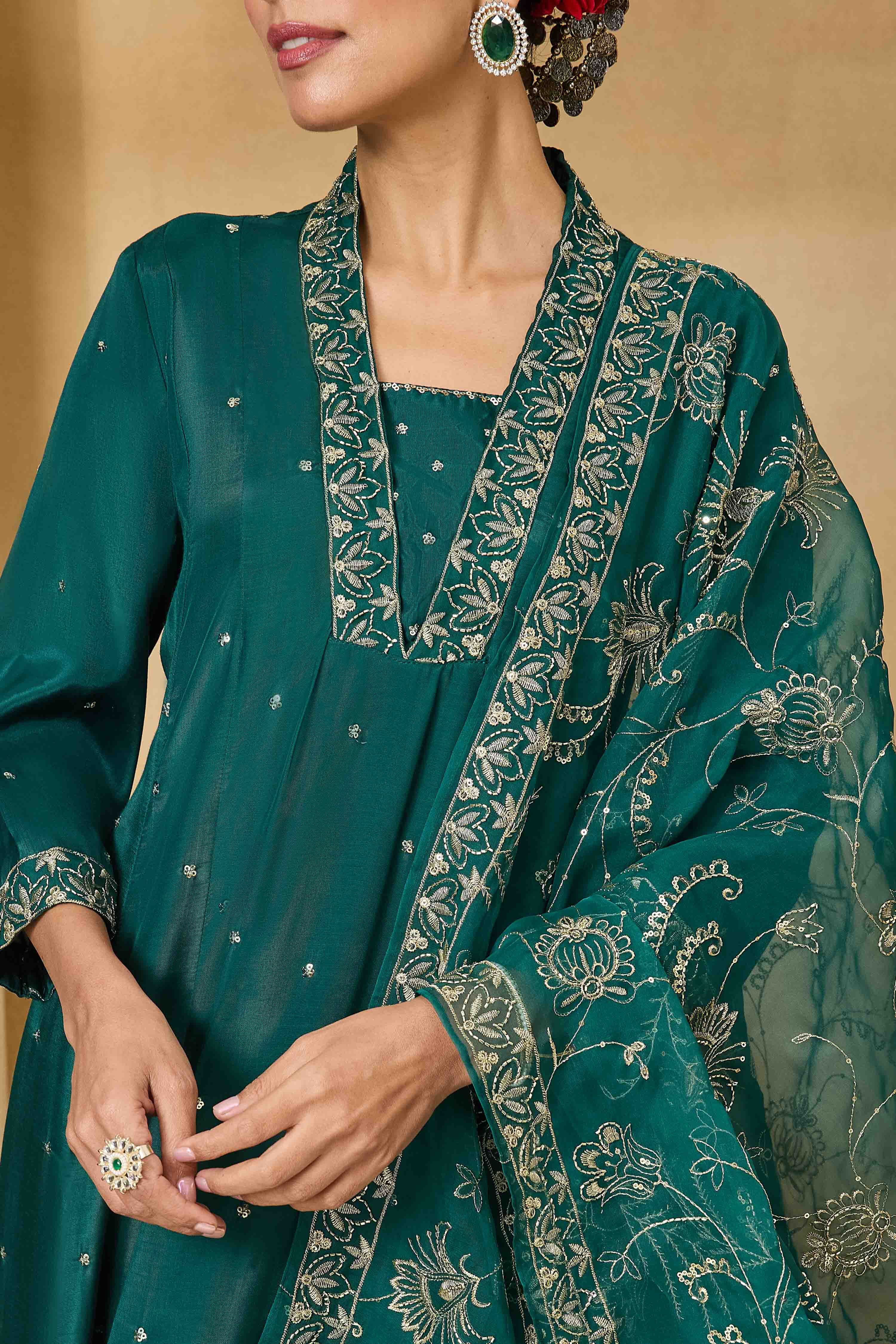 Green Viscose Rayon Kalidar Solid Suit Set image number 1