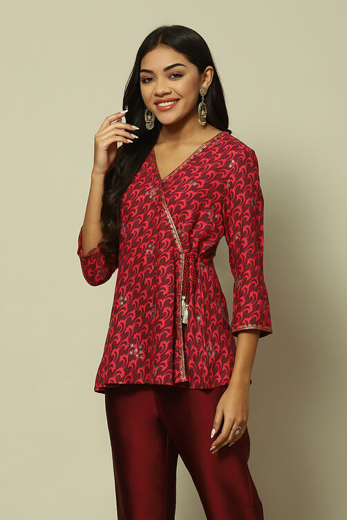 Wine Viscose Straight Printed Top image number 2
