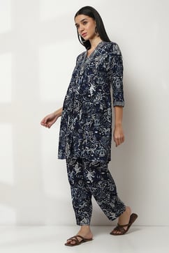 Navy Blue Printed Straight Co-ord Set image number 3
