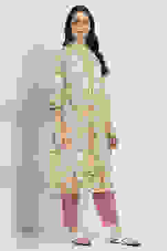 Yellow Cotton Printed Kalidar Kurta image number 4