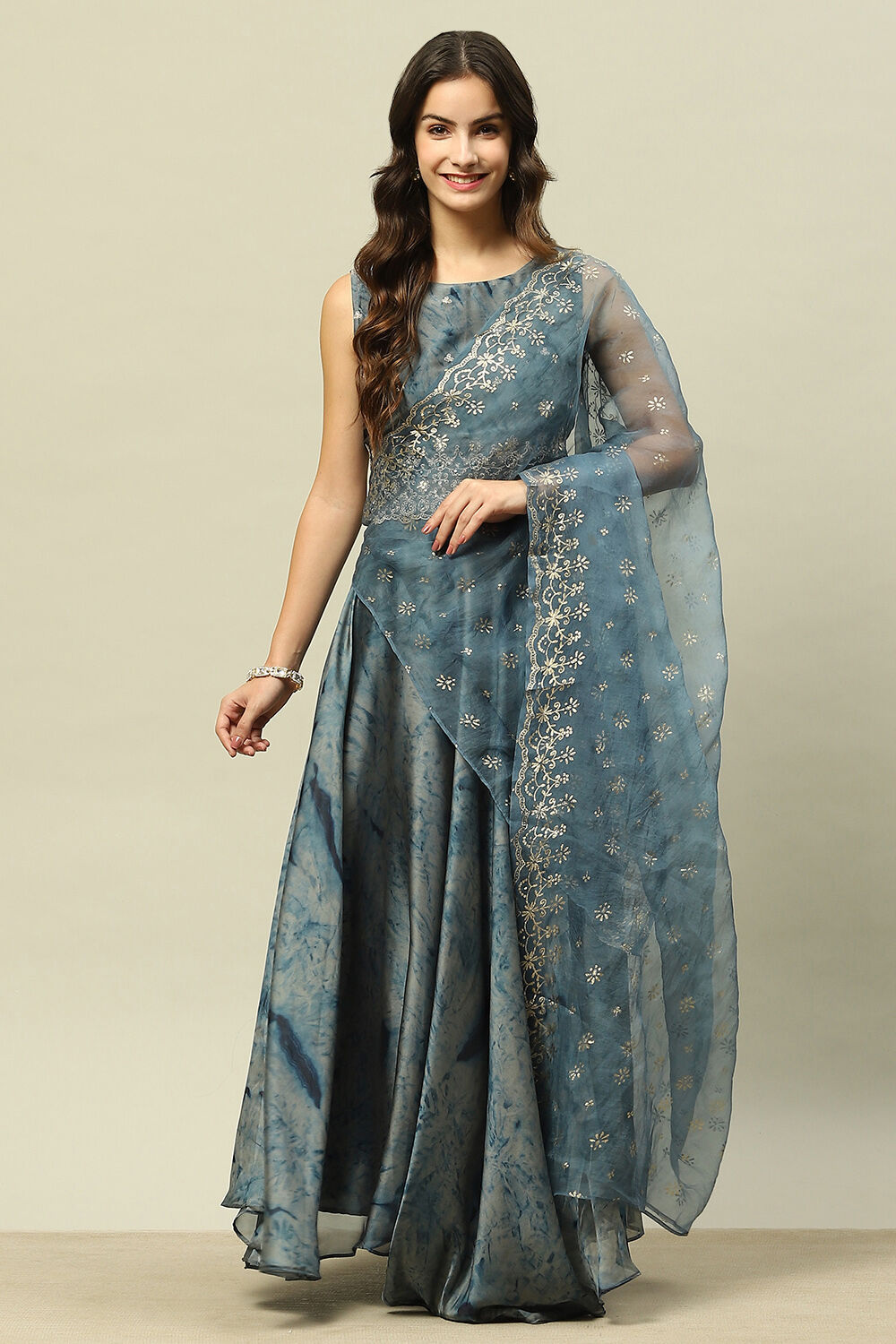 Blue Poly Georgette Straight Printed Crop Top Skirt Set image number 6