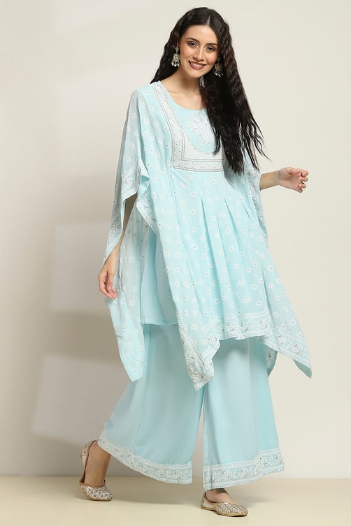 Aqua Printed Kaftan-Style Flared Kurta Set image number 5