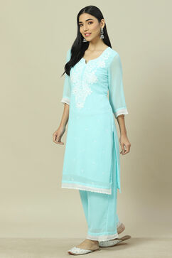 Sky Blue Cotton Blend Straight Kurta image number 2