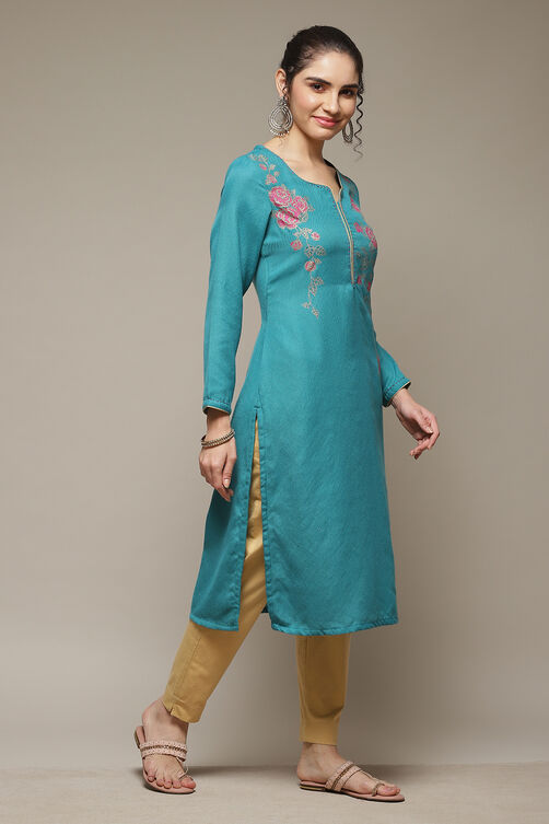 Teal Green Acrylic Straight Kurta image number 4