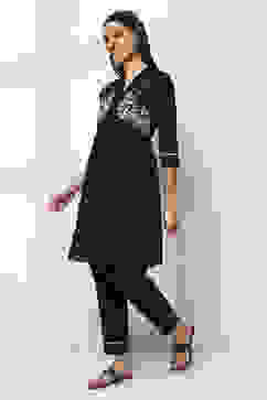 Black Cotton Gathered Kurta Set image number 3